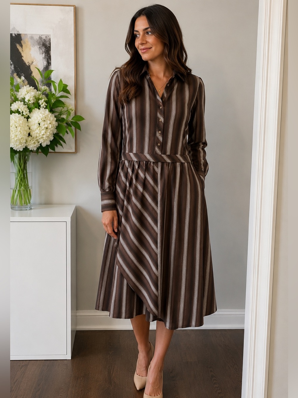 🌸 NWT Jewel Badgley Mischka Brown Striped Midi Dress Size L🌸
